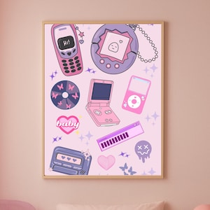 Y2K Printable Wall Art, Retro 90s Tech Aesthetic, Pink Purple Girly Digital Download, Teen Room Poster, Tamagotchi wall art, 90s Nostalgia