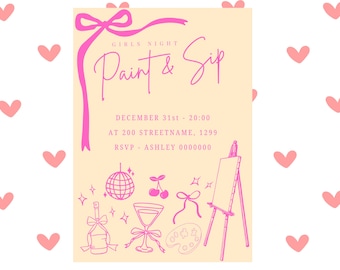 Girls Night Paint & Sip Einladung, bearbeitbare A5-Vorlage (Digitaler Download)