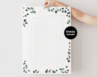 Eucalyptus Birthday Calendar - Perpetual Calendar Poster - Perpetual Wall Calendar