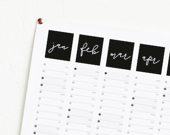 2026 Black and White Script Year Planner - Black and White Calendar - Wall Planner