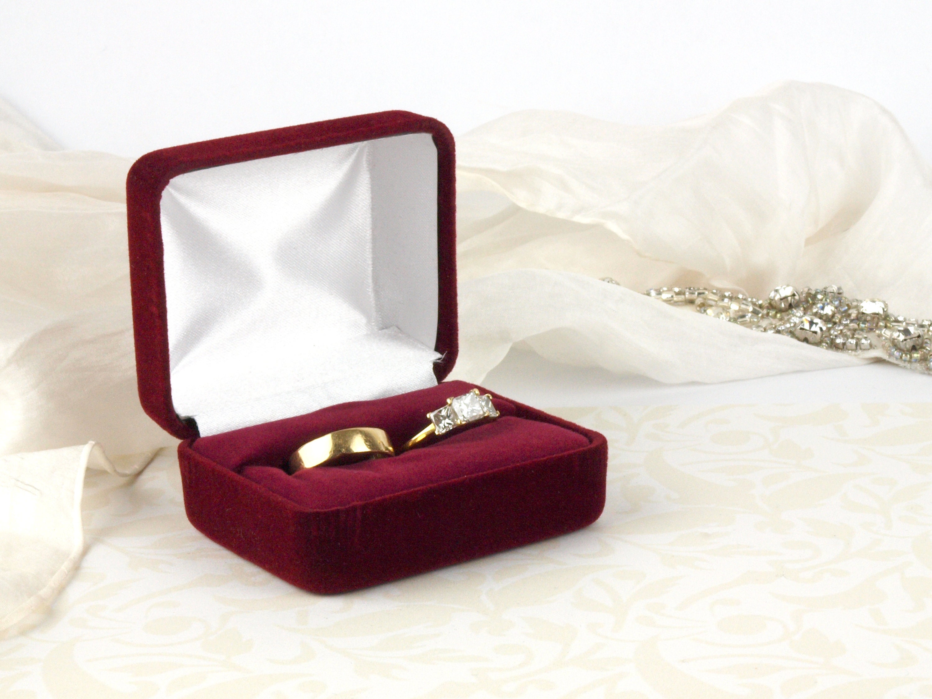 Burgundy Velvet Double Ring Box for Two Rings Wedding Ring Box
