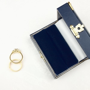 Navy Blue Velvet Lined Double Ring Box: Vintage Style Wedding Engagement, The Bampton