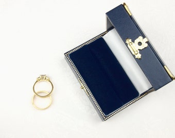 Navy Blue Velvet Lined Double Ring Box: Vintage Style Wedding Engagement, The Bampton