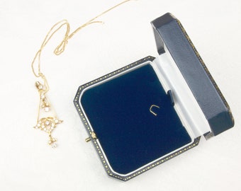 Navy Blue Vegan Leather Necklace Box with Brass Closure: Antique Style Jewelry Gift Box, The Oxford