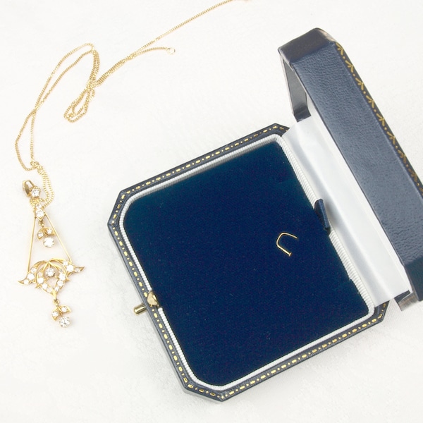 Navy Blue Antique Style Necklace Box in Vegan Leather and Gold with Brass Closure for Vintage Look Stunning Pendant Display Box - The OXFORD