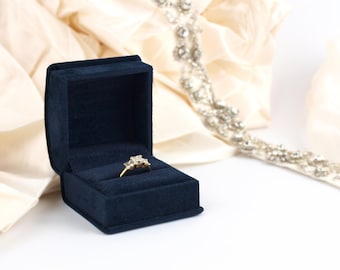Luxury Navy Blue Velvet Ring Box: Engagement, Proposal, Wedding, Heirloom Ring Display - The Chelsea