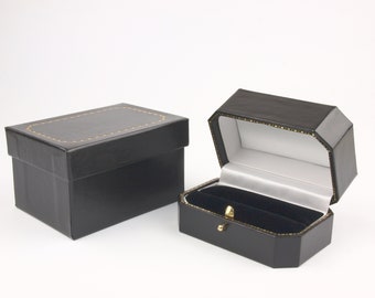 Vintage Style Black Double Ring Box: Vegan Leather & Gold with Brass Closure, The Oxford