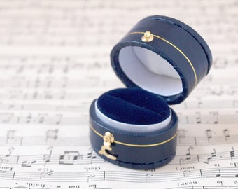 Navy Blue Oval Ring Box, Antique Victorian Style Heirloom Ring Holder for Engagement, Proposal, Wedding or Special Ring