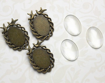 Pendentif photo ovale en bronze, grand collier photo ovale en bronze antique avec deux oiseaux et cabochon en verre ovale de 25mm, kit de pendentif DIY