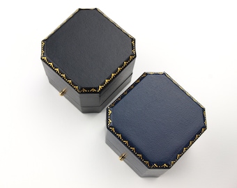 Antique Style Navy Blue Ring Box: Velvet Lined, Gold Detail, The Oxford