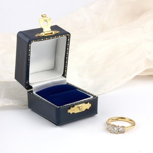 Navy Blue Antique Style Ring Box, Pocket Sized Vintage Look Single Ring Box for Engagement, Wedding or Heirloom Ring LYDFORD
