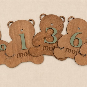 Peut inclure: Marqueurs d'étapes en forme d'ours en bois avec les chiffres 1, 3, 6 et 8, ainsi que le mot "Hello" en vert. Le mot "mois" est également inclus. Les marqueurs sont en bois brun clair.