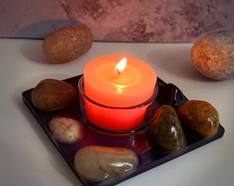 Resin Candle Holder with Natural Stones – Handmade Tealight Tray