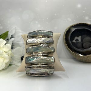 Unique Vintage Abalone and Sterling Silver Statement Bracelet, Natural Stone Bracelet, Bold Gem Cuff JPJ013