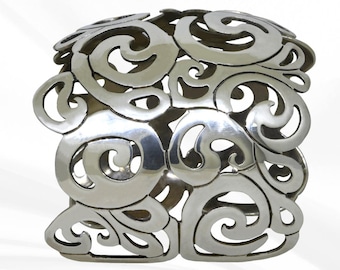 Vintage Sterling Silver Swirl Cuff Bracelet: Openwork Statement Bangle, Metal Work Cuff