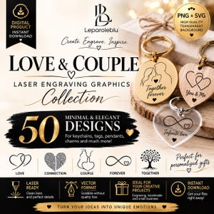 Può includere: Una collezione digitale di 50 grafiche per incisione laser per portachiavi e ciondoli, con testi come LOVE & COUPLE, Together forever, You & Me e Infinite love. Include esempi di portachiavi a forma di cuore in oro, legno e trasparente.