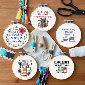 May include: Five embroidery hoops with different humorous sayings. The sayings are "Because raw dogging reality is overrated", "Medicated and still a menace", "Medicated. Hydrated. Slightly less feral.", "Better living through chemistry", and "If you don't make your own serotonin store bought is fine".