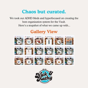 May include: A promotional image with the text "Chaos but curated." and "Gallery View." It showcases a grid of framed embroidery hoops with various designs and the text "Nick & Kathy" in a logo.