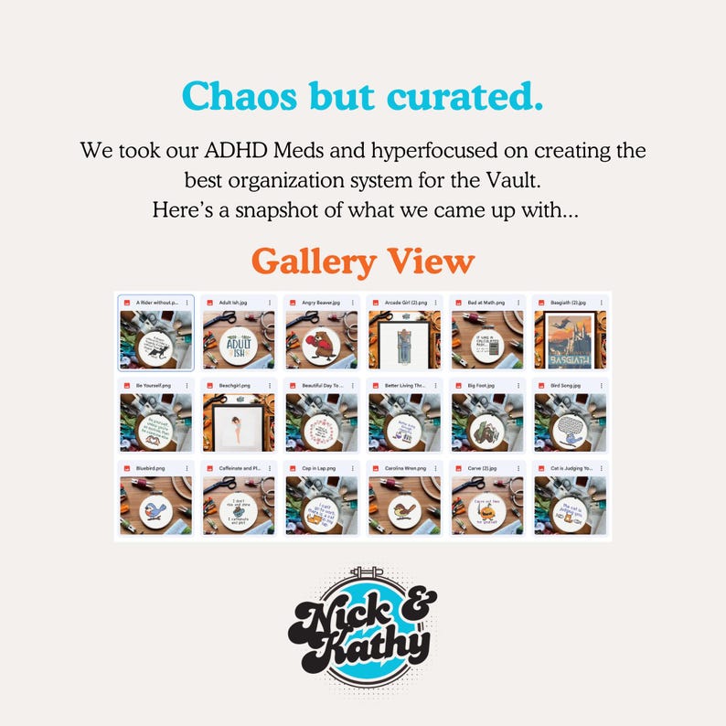 May include: A promotional image with the text "Chaos but curated." and "Gallery View." It showcases a grid of framed embroidery hoops with various designs and the text "Nick & Kathy" in a logo.