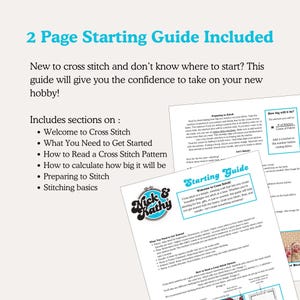 Puede incluir: Una gu&iacute;a de punto de cruz de dos p&aacute;ginas con instrucciones sobre c&oacute;mo leer un patr&oacute;n de punto de cruz, calcular el tama&ntilde;o de un proyecto y prepararse para coser. La gu&iacute;a incluye una secci&oacute;n de bienvenida al punto de cruz, lo que necesita para comenzar y los conceptos b&aacute;sicos de la costura. La gu&iacute;a se titula "Gu&iacute;a de inicio" y presenta un logotipo con el texto "Nick & Kathy".