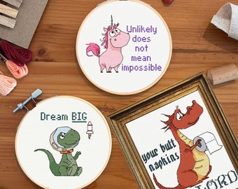 Unlikely Butt Napkins Dream Big - Funny Cross Stitch Pattern Bundle - beginner Friendly PDFs