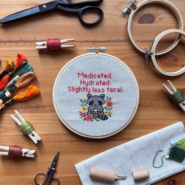 Snarky Raccoon Quotes - Medicated hydrated slightly less feral - Cross Stitch Pattern PDF