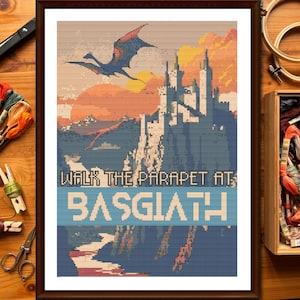 May include: Framed cross-stitch art featuring a dragon soaring above a castle and mountains, with a sunset backdrop. The text reads "WALK THE PARAPET AT BASGIATH" in a pixelated style. The color palette includes blues, oranges, and browns.