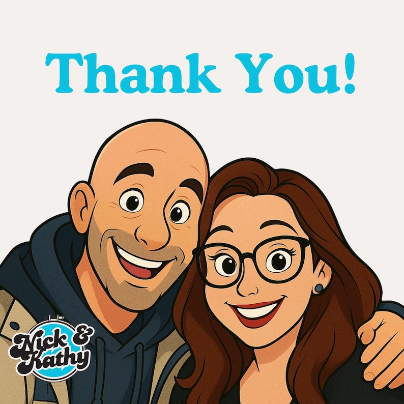 Puede incluir: Una ilustraci&oacute;n de dibujos animados de un hombre y una mujer sonriendo y abraz&aacute;ndose. El hombre lleva una chaqueta azul y marr&oacute;n con un logotipo que dice "Nick & Kathy". La mujer lleva una camisa negra y tiene el pelo largo y casta&ntilde;o.