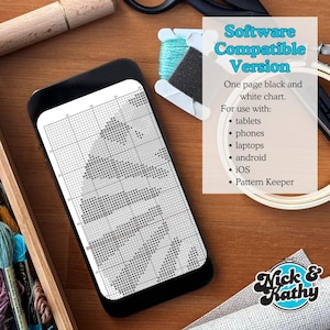 Puede incluir: Un tel&eacute;fono inteligente que muestra un patr&oacute;n de punto de cruz en blanco y negro en una cuadr&iacute;cula. El texto "Software Compatible Version" es visible en la pantalla. El texto "One page black and white chart. For use with: tablets, phones, laptops, android, iOS, Pattern Keeper" tambi&eacute;n es visible en la pantalla.