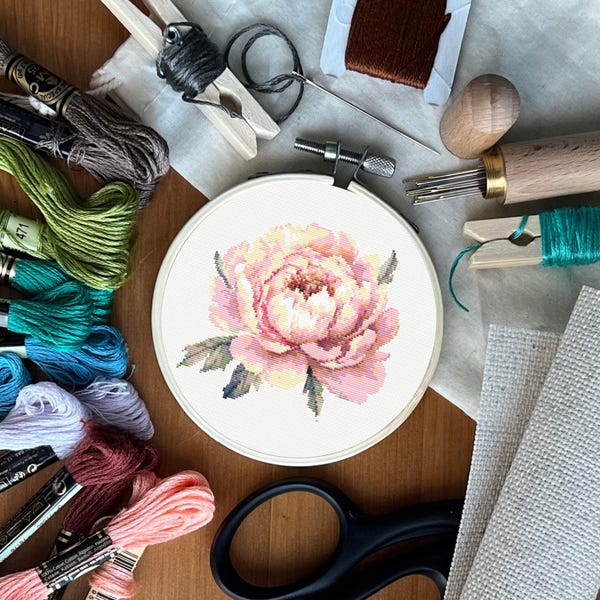 Peony Cross Stitch Pattern: Modern Floral Design (PDF Pattern 95x92)