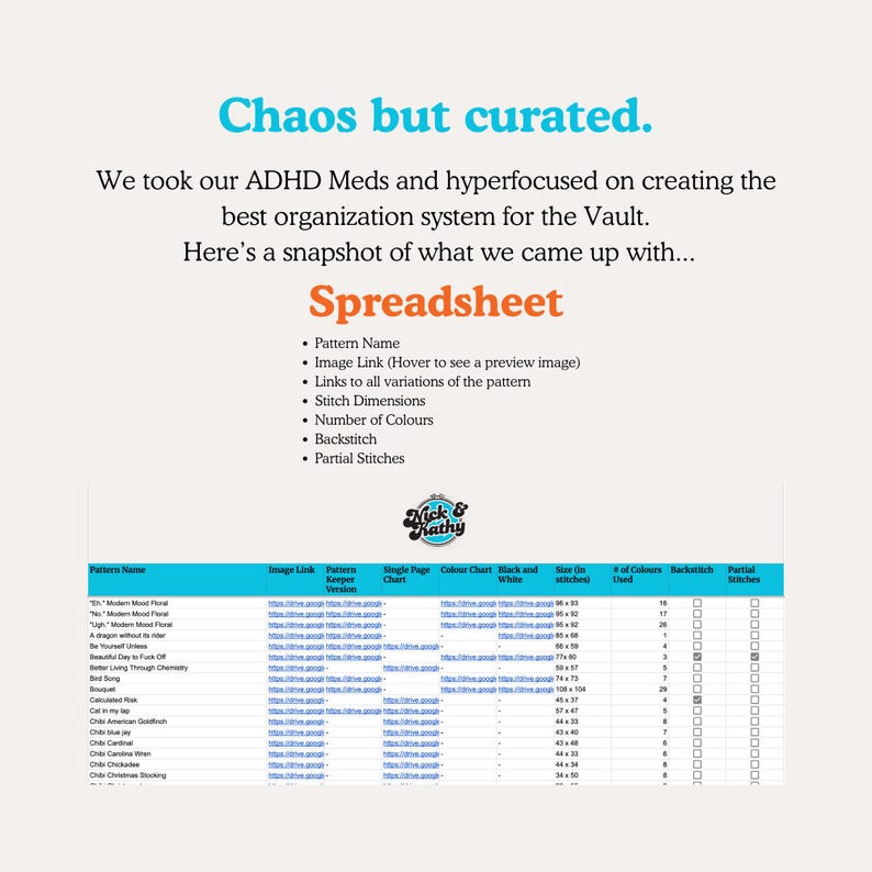 May include: A graphic with the text "Chaos but curated." and "Spreadsheet." The spreadsheet lists pattern names, image links, stitch dimensions, and other details. The image also includes the text "Nick & Kathy."
