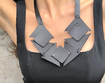 Handmade Leather Statement Necklace: Geometric Jewelry for Women