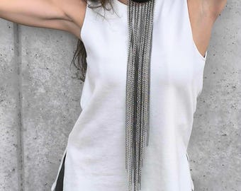 Leather Choker Necklace: Long Metal Chain Fringe, Statement Jewelry