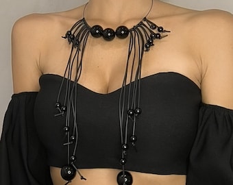 Black Rubber Statement Necklace: Avant-Garde Plastic Bead Choker