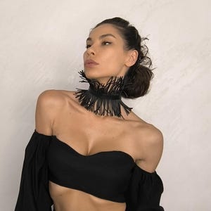 Handmade rubber choker necklace, bold fringe jewelry, statement collar, avant-garde necklace, black art jewelry, gift for her, unique style