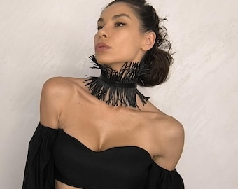 Handmade Rubber Choker Necklace: Avant-Garde Fringe Statement Collar