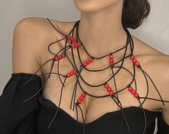 Red Bead Fringe Statement Necklace: Handmade Boho Avant-Garde Jewelry