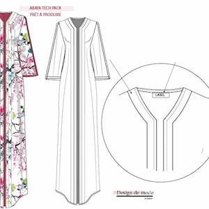 Peut inclure: Illustration technique de mode d'un modèle d'abaya. L'abaya est présentée en deux versions : une avec un imprimé floral et l'autre de couleur unie. La conception comprend une vue détaillée de l'encolure et le texte "ABAYA TECH PACK PRET A PRODUIRE".