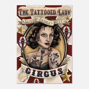 Vintage Circus Poster - Tattooed Lady Art Print - Colorful Home Decor - Fine Art Giclée Print