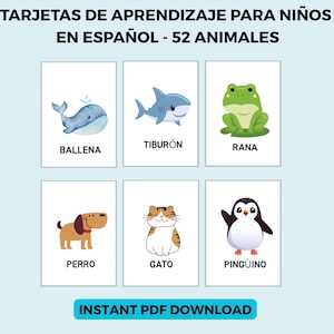 52 Animal Flashcards in Spanish, Learn Languages, Printable, Preschool , Toddler, Baby, Animal Cards Set, Montessori Learning
