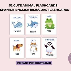 52 Animal Flashcards in English and Spanish, Bilingual, Printable, Preschool , Toddler, Baby, Animal Cards Set, Montessori Learning