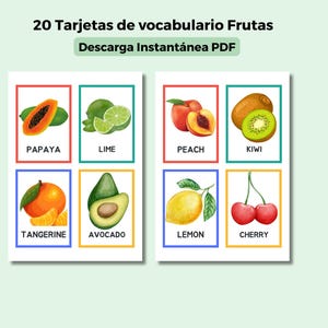 20 Fruit Flashcards in Spanish, Printable Flashcards, Preschool, Education cards, Toddler, Montessori Learning, classroom activity