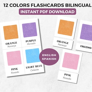 12 Bilingual Spanish English Color Vocabulary Cards, Montessori flashcards, Education printable cards,  pre-school cards, printable