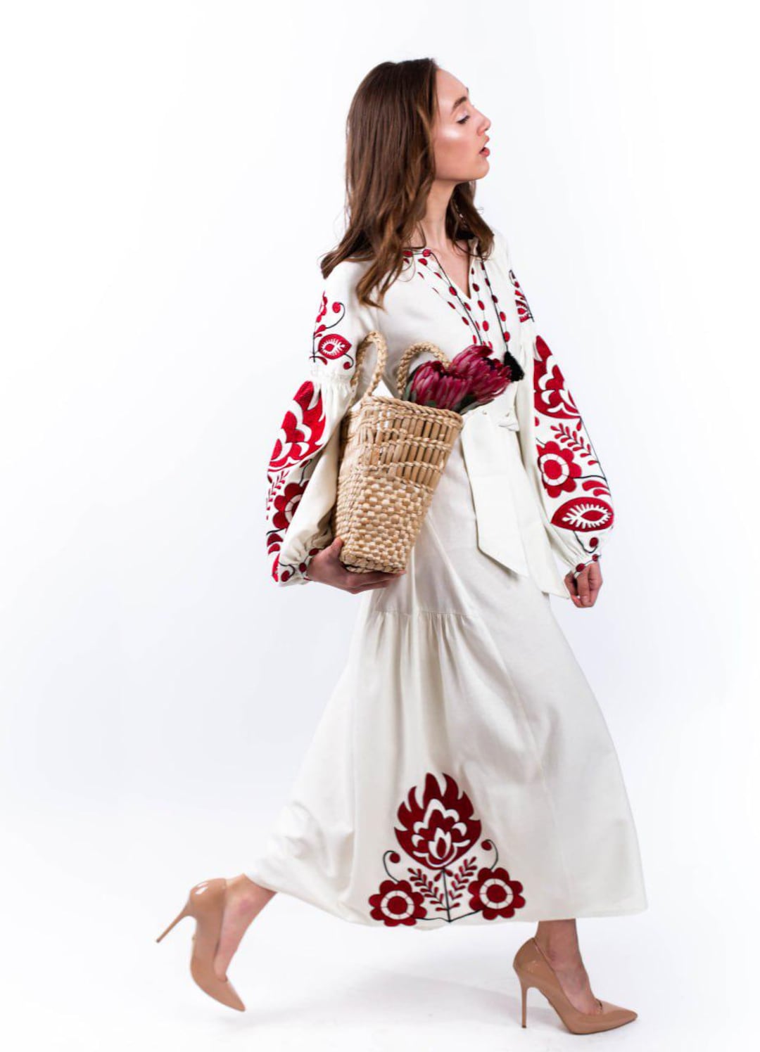 Bohemian Embroidered Maxi Dress  White With Red Floral Design and Bishop  Sleeves - Etsy