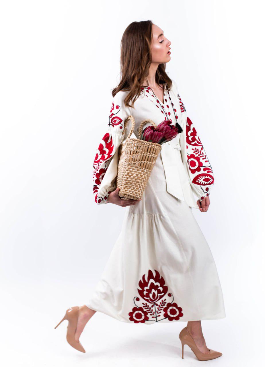 Bohemian Embroidered Maxi Dress  White With Red Floral Design and Bishop  Sleeves - Etsy
