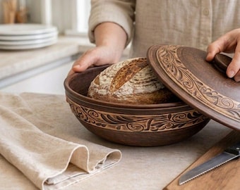 Ceramic Bread Box With Lid, Sourdough Bread Baker, Handmade Terracotta Bread Keeper, Bread Storage Bowl, New Home Gift