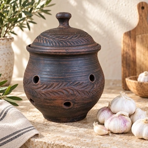 Grand pot à ail, bocal de rangement en terre cuite cuite au lait, style rustique