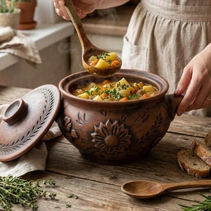 Lergryta med lock, terrakottaterin, handgjord lergodsgryta för bakning och servering, 3L rustik gryta
