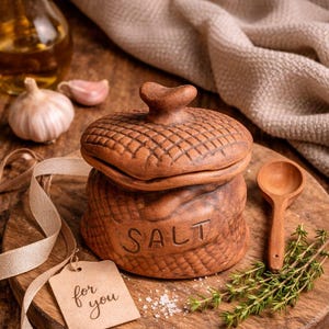 Może przedstawiać: Rustykalny, brązowy ceramiczny pojemnik na sól z pokrywką i napisem "SALT" wygrawerowanym z przodu. Mała drewniana łyżka i gałązki tymianku leżą na drewnianej desce do krojenia. Wisi na nim etykieta z napisem "for you".