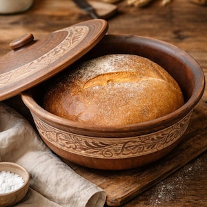 Op de afbeelding: Een versgebakken brood ligt in een decoratieve, keramische broodpot met deksel. De bruine pot heeft een sierlijk ontwerp rond de rand. Een kleine kom met bloem en een linnen doek liggen in de buurt.